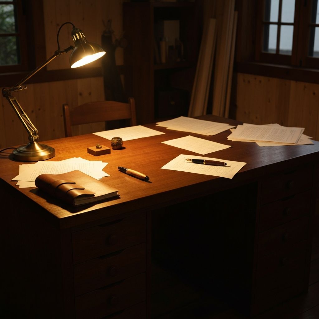 Wooden desk with writing materials